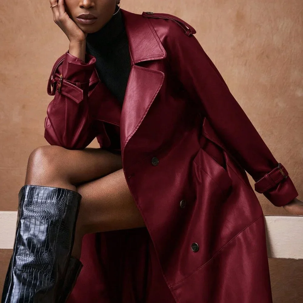 Burgundy Elegant Women's Lapel faux leather belted Long trench Coat - Picture 6 of 8